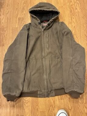 Vtg Thrashed Craftsman Moss Green Duck Canvas Quilted Lined Hooded Jacket Sz XXL